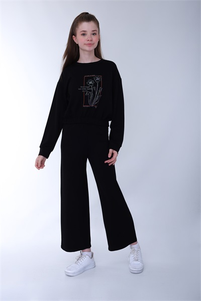 Osyho Çiçekli 9-13 Yaş Kız Çocuk Sweat Takım 9079 SİYAH-LACİVERT