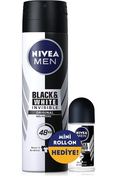 Men Black White Erkek Deodorant Sprey 150 Ml + Roll-On 25 Ml Nivea STD