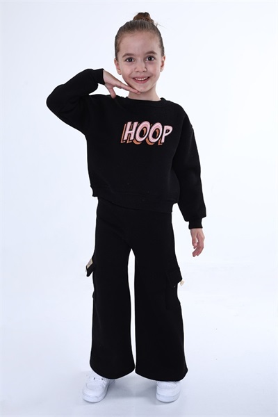 3 İp 5-10 Yaş Hoop Nakışlı Kız Çocuk Sweat Takım 9086 Siyah