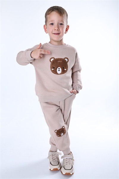 3İp Şardonlu 2-6 Yaş Ayıcık Nakışlı Kız Çocuk Sweat Takım 9066 Bej
