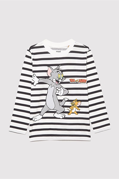 Mavi Tom & Jerry Baskılı Uzun Kol Erkek Çocuk T-Shirt M6610324-85308 Phantom Çizgili