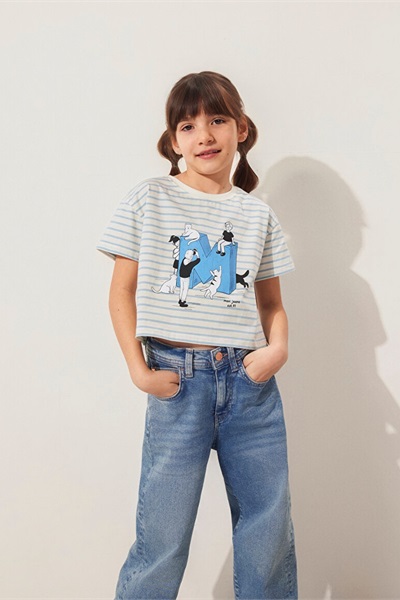Mavi M Baskılı Çizgili Crop Kız Çocuk T-Shirt M7610285-83766 Bebe Mavi Beyaz Çizgili