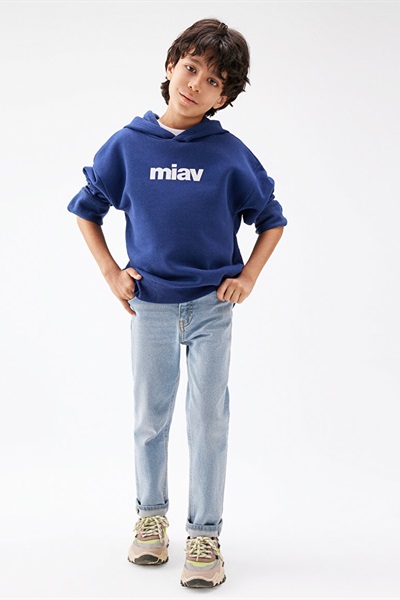 Mavi Miav Baskılı Kapüşonlu Erkek Çocuk Sweat M6S10028-70722 Koyu Saks Mavi