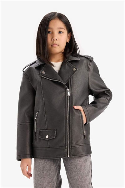 Defacto Kız Çocuk  Deri Mont D6922A8/BK27 BLACK