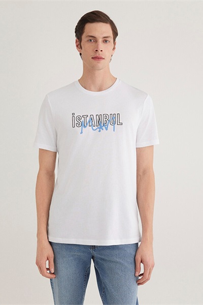 Mavi Erkek İstanbul Baskılı T-Shirt M067114-620 Beyaz