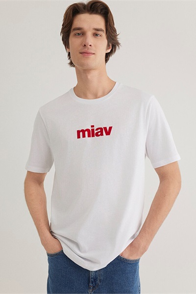 Mavi Miav Baskılı Erkek T-shirt M067153-622 Beyaz