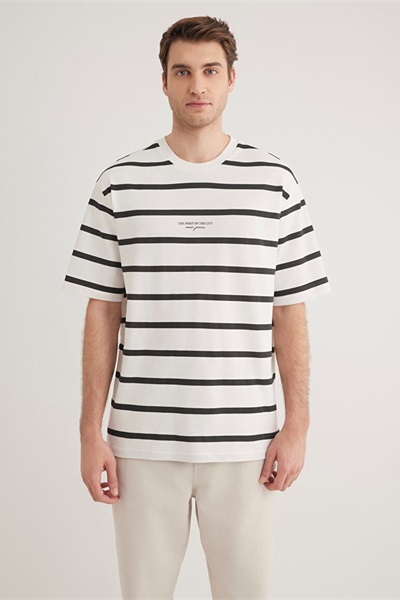 Mavi Çizgili Erkek T-Shirt M0612512-70057 Kırık Beyaz