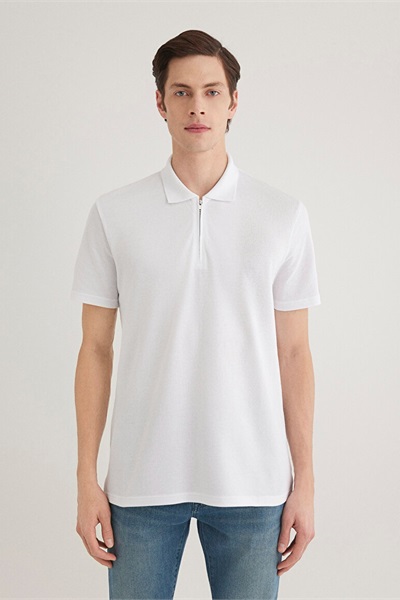 Mavi Half Zıp Polo Erkek T-Shirt M0612525-620 Beyaz