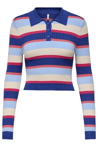 Only Onlkarol Ls Crop Rıb Button Polo Cc Knt Kadın Kazak 15340979 Stripes:Dubarry/Open A/Birch/Raspberry/Mazarine Blue