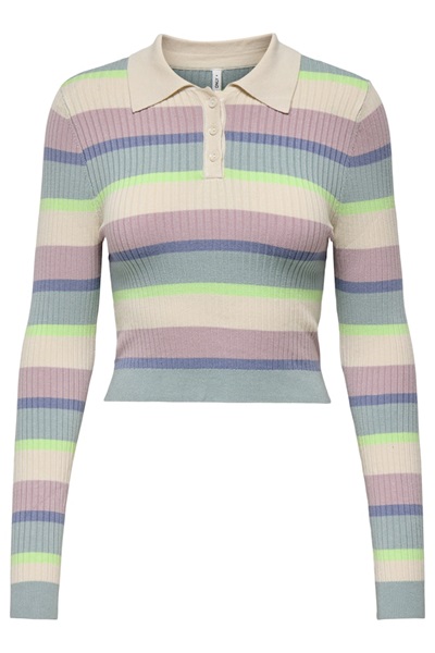 Only Onlkarol Ls Crop Rıb Button Polo Cc Knt Kadın Kazak 15340979 Stripes:Gray M/Paradise G/Violet I/Tempest/Birch