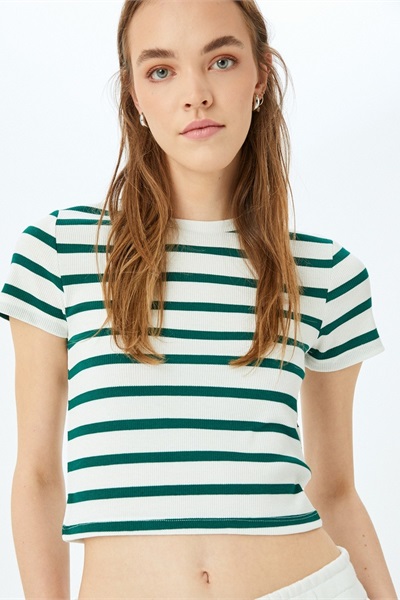 Koton Kadın T-shirt 5SAL10047IK YEŞİL ÇİZGİLİ