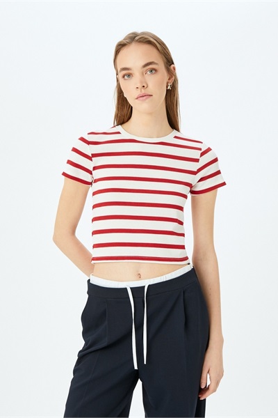 Koton Kadın T-shirt 5SAL10047IK KIRMIZI ÇİZGİLİ