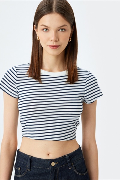 Koton Kadın T-shirt 5SAL10192IK LACİVERT ÇİZGİLİ