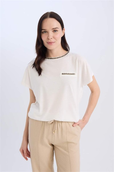 Defacto Kadın Kısa Kol T-shirt K7701AZ/ER105 ECRU