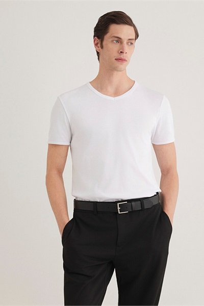 Mavi V Yaka Erkek T-Shirt M063748-620 Beyaz