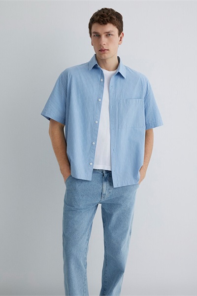 Mavi Oversize Erkek Kısa Kol Gömlek M0211487-83767 Mavi Ufuk