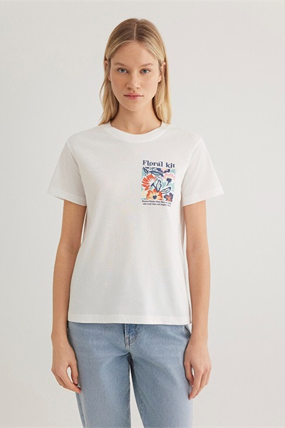 Mavi Çiçek Baskılı Grafik Kadın T-Shirt M1612956-70057 Kırık Beyaz