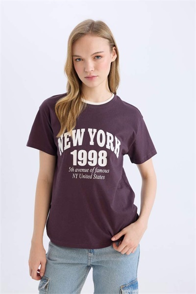 Defacto Kadın Kısa Kol T-shirt D9602AX/PR38 D.PURPLE