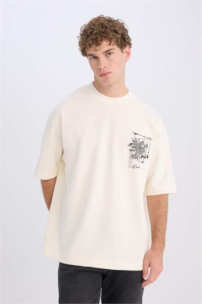 Defacto Erkek  T-shirt C7055AX/ER137 ECRU