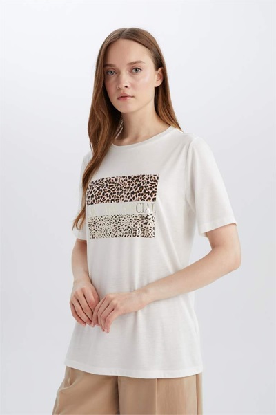 Defacto Kadın Kısa Kol T-shirt D8925AX/ER138 ECRU