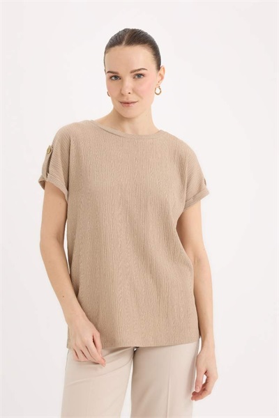 Defacto Kadın Kısa Kol T-shirt D3198AX/BG773 BEIGE