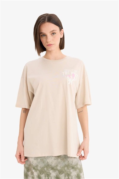 Defacto Kadın Kısa Kol T-shirt D9609AX/BG655 LT.BEIGE