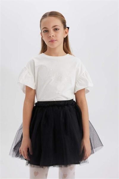 Defacto Kız Çocuk Kısa Kol T-shirt E0820A8/WT16 OFF WHITE