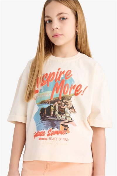 Defacto Kız Çocuk Kısa Kol T-shirt E4406A8/ER233 ECRU