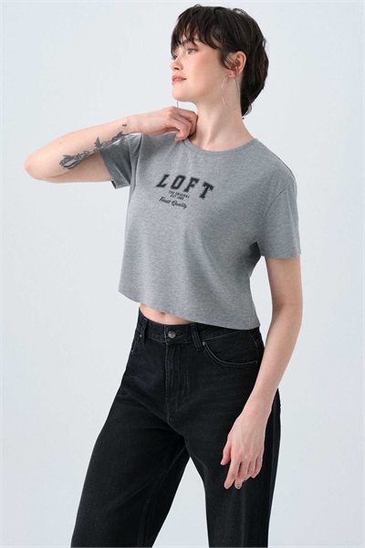 Loft Kadın Long Crop T-Shirt Lf2038988 GRAY MELANGE