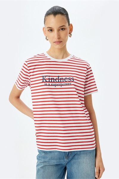 Koton Kadın T-shirt 5SAK50138EK KIRMIZI ÇİZGİLİ