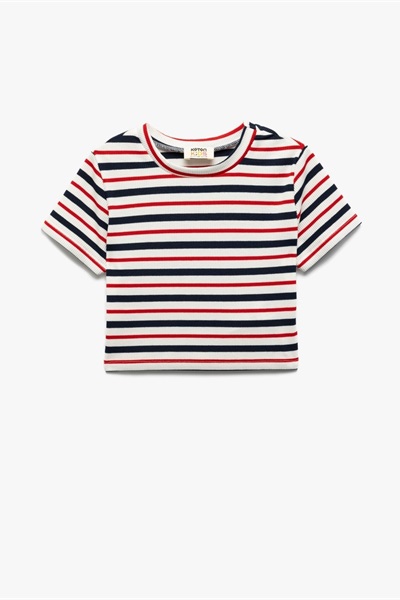 Koton Kız Çocuk Kısa Kol T-shirt 5SKG10474AK EKRU ÇİZGİLİ