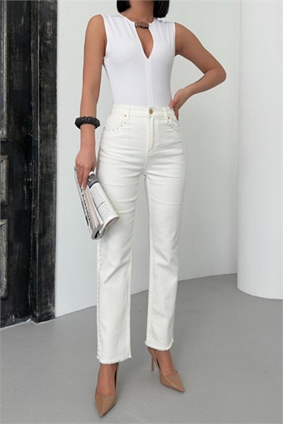 Kadın Taşlı Jean Pantolon 7977 KEMİK