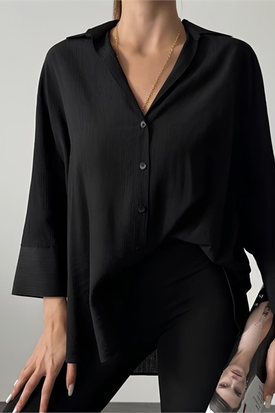 Quzu Oversize Kadın Gömlek 11693 Siyah