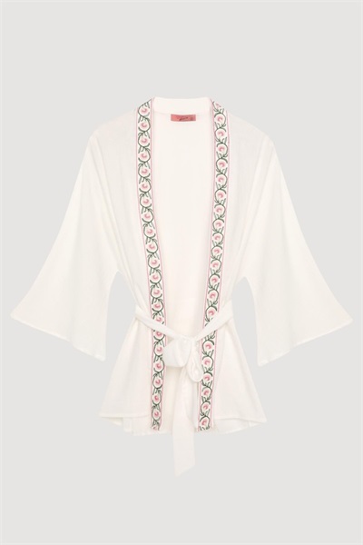 Quzu Nakış Detaylı Kadın Kimono Ceket Ckt00599 Ekru
