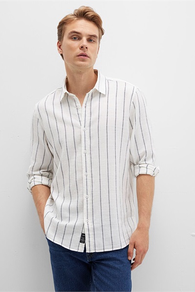 Mavi Çizgili Erkek Gömlek M0211712-90938 antique white zemin/black iris stripe