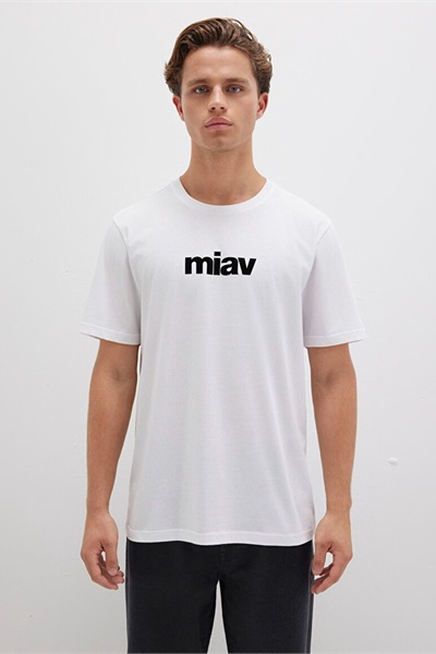 Mavi Miav Baskılı Erkek T-Shirt M067153-602 Beyaz