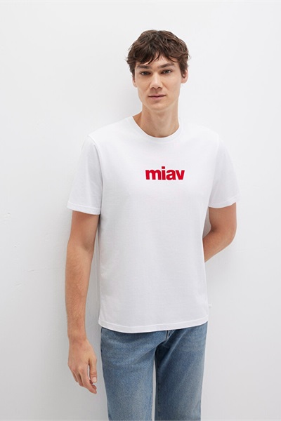 Mavi Miav Baskılı Erkek T-Shirt M067153-622 Beyaz
