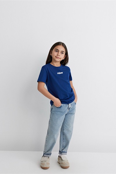 Mavi Miav Baskılı Erkek Çocuk T-Shirt M6633270722 Koyu Saks Mavi