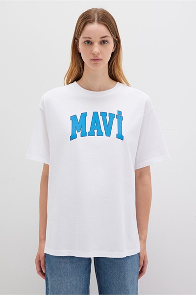 Mavi Baskılı Kadın T-Shirt M1600843-70000 Süt beyaz