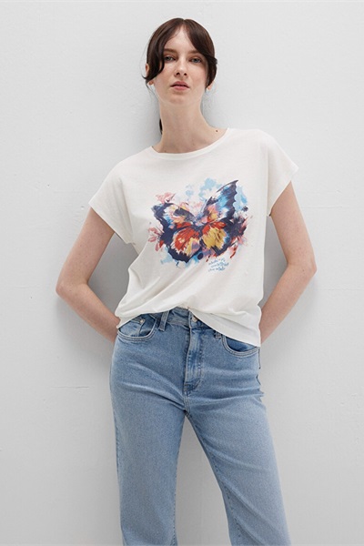 Mavi Kelebek Baskılı Kadın T-Shirt M1613457-80194 Hindistan Cevizi