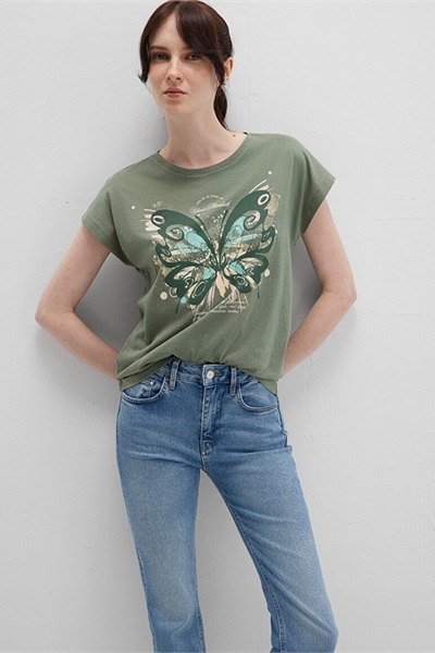 Mavi Kelebek Baskılı Kadın T-Shirt M1613461-71841 Su Yeşili
