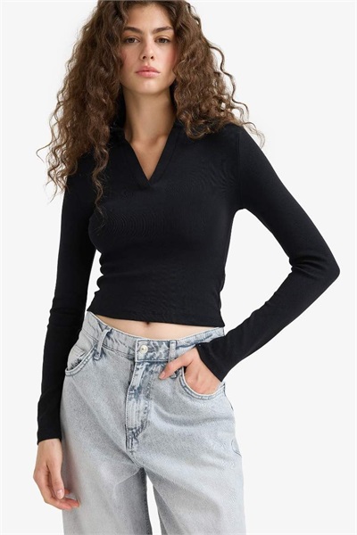 Defacto Kadın Uzun Kol T-shirt E7938AX/BK81 BLACK