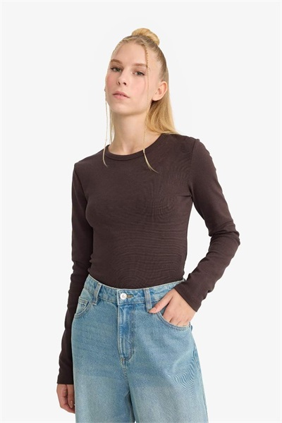 Defacto Kadın Uzun Kol T-shirt E7797AX/BN267 BROWN