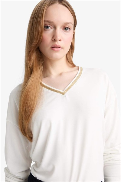 Defacto Kadın Uzun Kol T-shirt G0210AX/ER105 ECRU