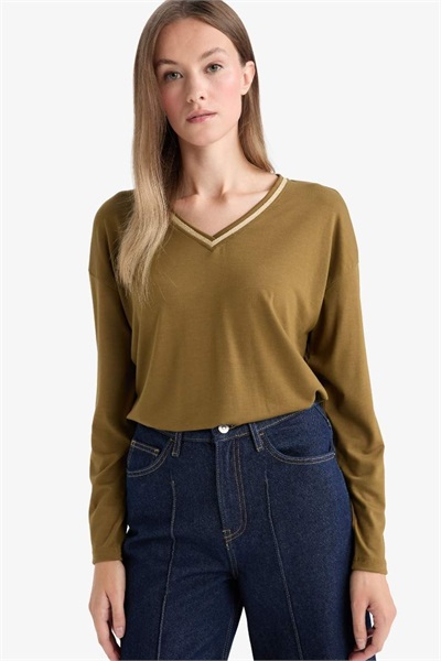 Defacto Kadın Uzun Kol T-shirt G0210AX/KH196 Khaki